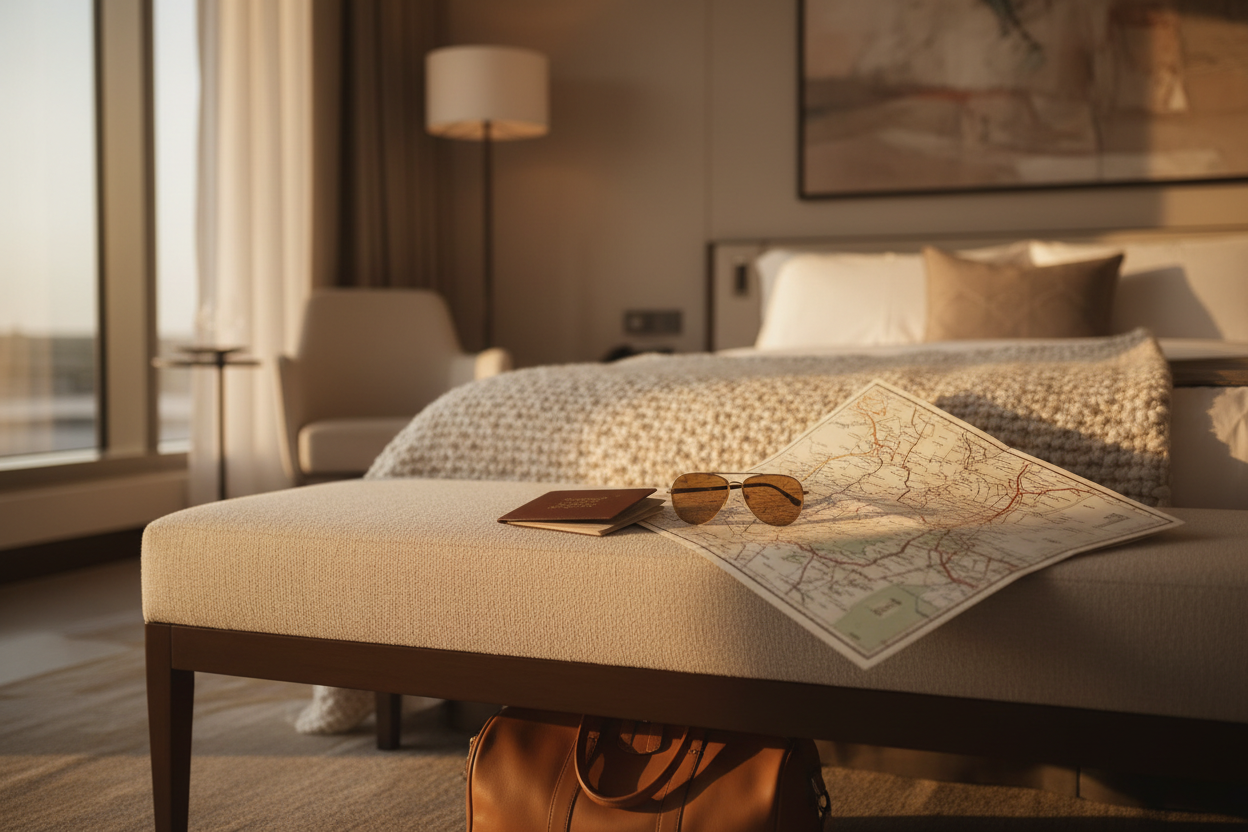 A warm, elegant travel scene in a minimalist aesthetic. Soft golden-hour light pouring into a stylish boutique hotel room or an airport lounge. Neutral tones (beige, sand, taupe, caramel). A bed or bench with a textured throw, a passport, sunglasses, a travel map, and a subtle luxury vibe. No people. Clean composition, premium lifestyle photography, slightly blurred background to highlight the foreground object. Solétia-inspired art direction: warm, soft, elegant, modern, premium, minimalistic. 