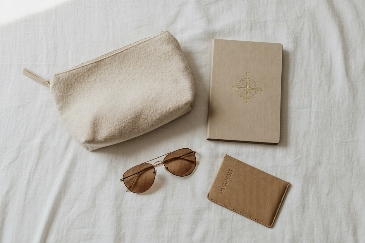 Flatlay minimaliste beige : trousse de voyage crème, carnet beige, lunettes de soleil dorées, passeport posé sur un drap blanc. Style luxe discret, ambiance douce et lumineuse, tons sable et vanille, composition élégante, très naturel et premium.
